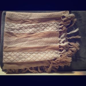 Tan and white thick scarf with fringed ends